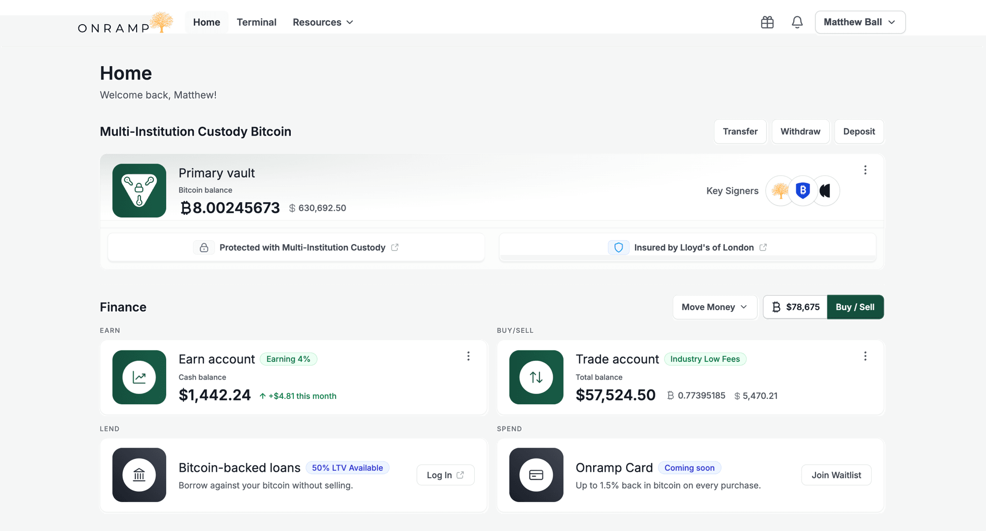 Onramp dashboard — Multi-Institution Custody vault with finance, lending, and card accounts