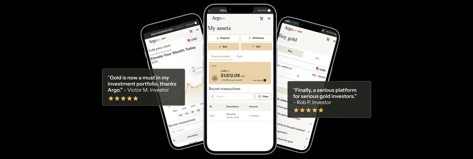 Argo gold platform — mobile app screenshots with investor testimonials
