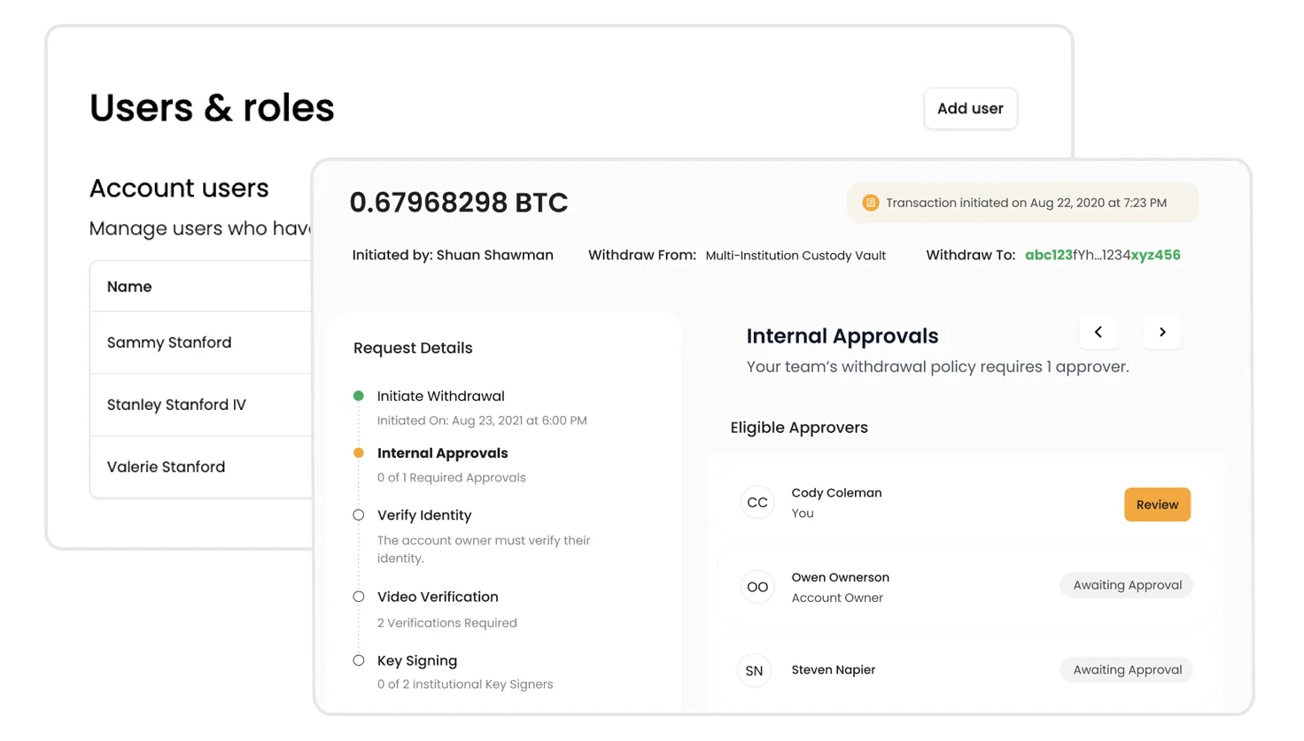 Onramp Business — users, roles, and multi-signer approvals