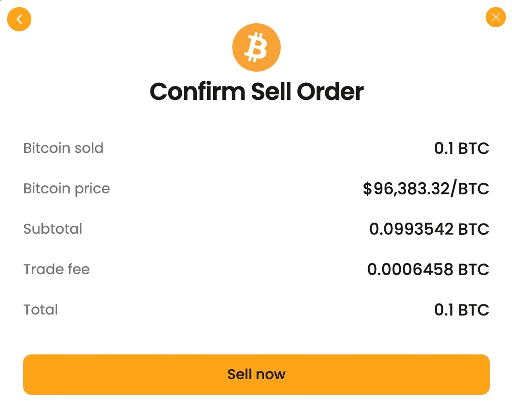 Screenshot for changelog entry: Sell bitcoin launched